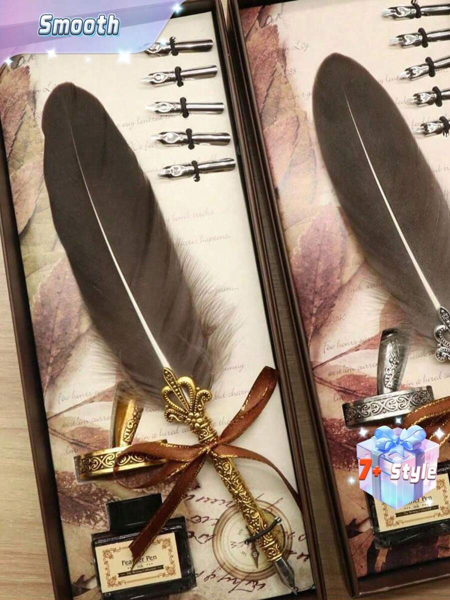 SHEIN Feather Fountain Pen Set Vintage Birthday Gift Slant Mouth Pen Insert Ink Barrel Carved Set Feather Pen Gift Set Back To School - Multicolor - View 1