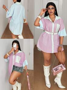 Maweii Women's Casual Loose Fit Colorful Striped Print Short Sleeve Shirt,Plus Size Elegant Smart Casual Pink Autumn Vacation Top,Fashionable Beach - Multicolor - View 1