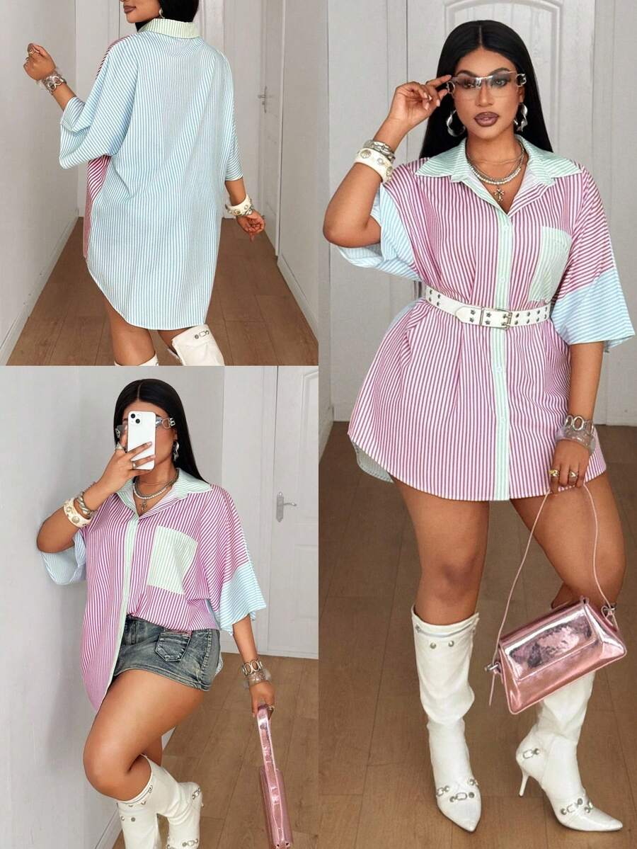 Maweii Women's Casual Loose Fit Colorful Striped Print Short Sleeve Shirt,Plus Size Elegant Smart Casual Pink Autumn Vacation Top,Fashionable Beach - Multicolor - View 1