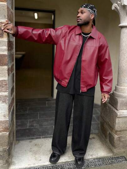 Heavens Edit Men's Autumn And Winter Drop Shoulder Long Sleeve Zip Up Red PU Leather Jacket