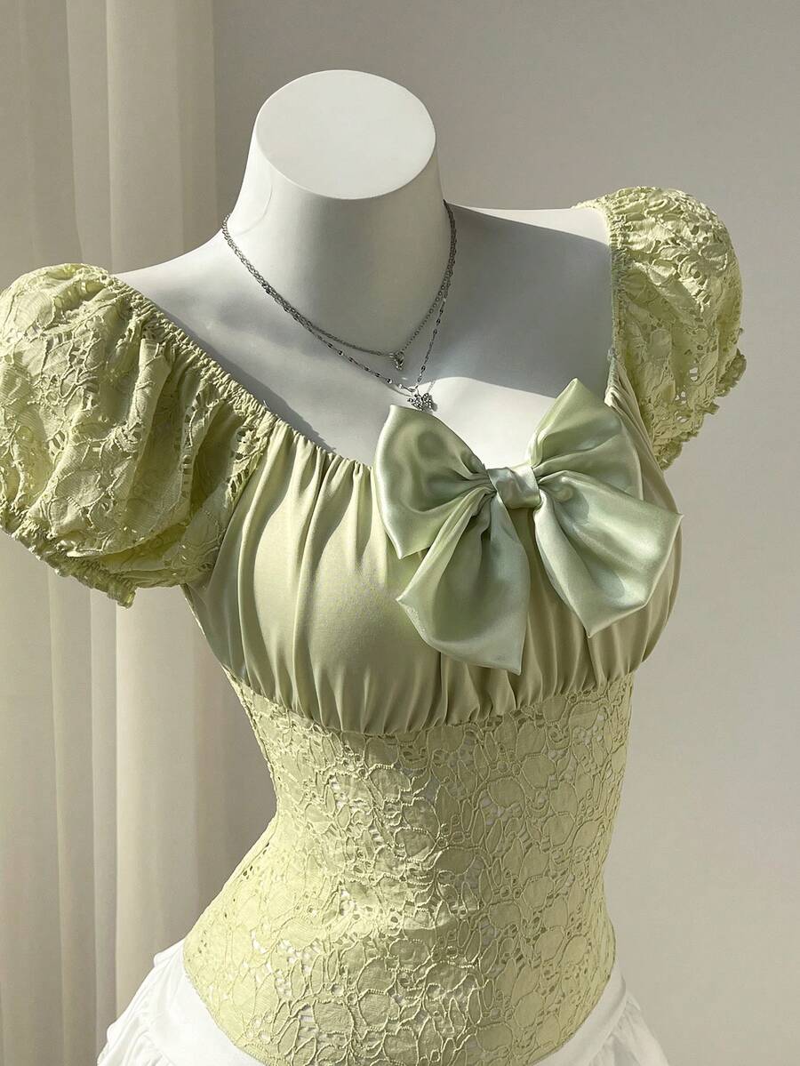 Elamini 女士甜美可爱休闲日常穿搭时尚百搭蝴蝶结装饰泡泡短袖露脐T恤，春夏款 - 綠色 - 查看 1