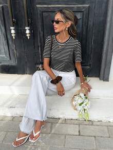 SHEIN Frenchy Áo thun nữ tay ngắn cổ tròn kẻ sọc, kiểu dáng thường ngày, đa năng. - màu đen - Xem 6