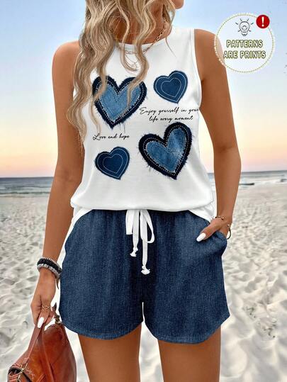 Sylviya Conjunto de 2 piezas de chaleco y pantalones cortos de cuello redondo para mujer, con estampado de textura de denim falso en estilo minimalista, bohemio, elegante y retro, adecuado para festivales de música, playa, vacaciones