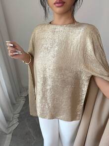 Elenzga Khăn choàng Poncho mỏng nhẹ ánh kim mới cho mùa Xuân/Hè, trang phục thường ngày thanh lịch đa năng, phù hợp cho du lịch và chụp ảnh, kiểu áo cổ tròn. - Vàng - Xem 5