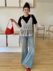 Dazy Plus Plus Size Summer Casual Colorblock Lace Patchwork T-Shirt - Black - View 5