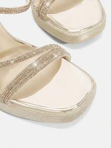 Glitzique Sandalias De Tacón Alto Para Mujer Con Diamantes De Imitación Transparentes, Punta Cuadrada, Plataforma Resistente Al Agua, Tacón Grueso, Correa De Hebilla Ajustable, Zapatos De Fiesta Sexy - Dorado - Ver 7
