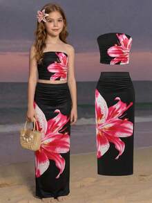 SHEIN Tween Girls Casual Digital Print Camisole Top And Mini Skirt Set - Blue and White - View 1