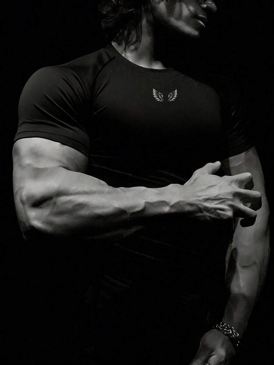 RISE LYT Men's Wing Print Raglan Short Sleeve Daily Fitness Sports T-Shirt Workout Clothes Running Tees & Tanks Workout Tops Gym Top Compression Shirt Breathable Fitted Shirt Crew Neck Compression Shirt Men - Black - View 1