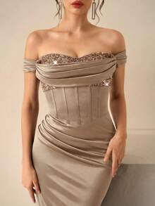 Coutiva Women's Formal Evening Gown With Sequin Decor - Champagne - View 3