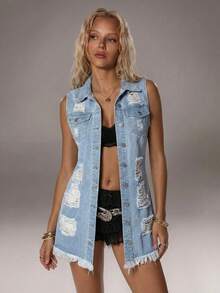TRNVIE Fashionable Casual Street Style Distressed Button-Up Denim Vest Jacket - Light Wash - View 3