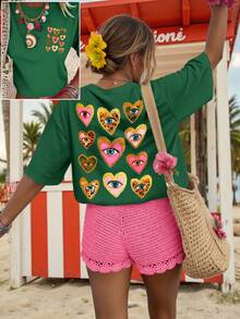 SHEIN LUNE 女士T恤，休闲街头风印花短袖T恤，可爱夏季上衣 - 綠色 - 查看 3