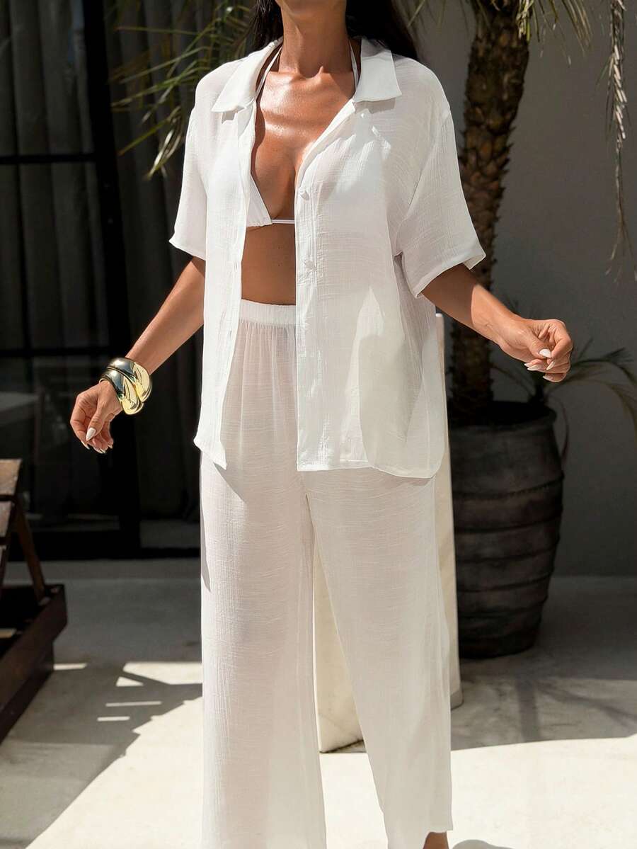 Bonvoyette Women's White Short Sleeve Shirt And Pants 2 Pieces Casual Vacation Beach Cover-Up Set - White - View 1