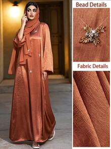 Layrah Orange Handmade Beaded Maxi Dress With Headscarf Butterfly Abaya Satin Dress For Evening Party - Coral Orange - View 2