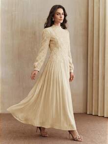 Anewsta 优雅春夏长袖粉色雪纺连衣裙，饰有亮片刺绣和优美褶裥，适合女性穿着。 - 杏色 - 查看 3