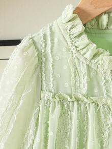 SHEIN Vintaside Kids Girls' Elegant Princess Ruffled Collar Long Sleeve Jacquard Embroidered Double-Layer Ruffled Hem Loose Princess Dress, Suitable For Vacation, Travel, Party, Gift, Spring & Autumn - Green - View 5
