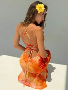 Aloruh 女士优雅橙色芙蓉印花露背系带连衣裙，度假连衣裙，夏季沙滩装，音乐节服装 - 橘色 - 查看 4
