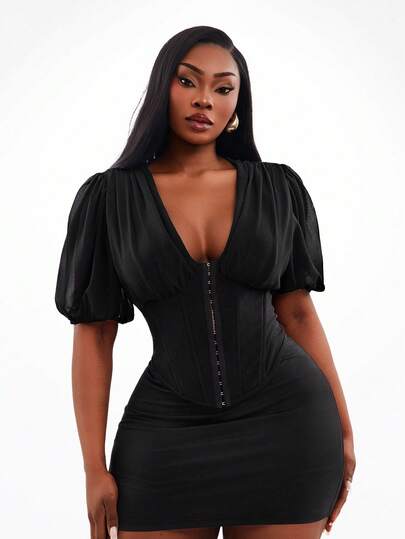 Radiana Plus Size Women's Chiffon Shoulder Ruched Waist Fishbone Black Top, Spring&Summer New Arrival Vegas Night Corset Top,Suitable For Urban,Sexy Office Siren Coquettish,Versatile,Cruise Attire,Commuting,Business,Retro,Vintage,Party,Resort,Outing,Old Money,Richly Layered,Date Night,Gathering,Minimalism,Birthday,Formal Event,Gyaru,Ibiza,Nashville,Break,Modest,Chic,Casul,Shopping, Streetwear,Going Out, ,Accent Your Body,Flatter The Figure