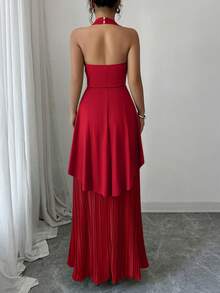 Elenzga Women's Color Block Halter Backless Elegant Waist Cinched Long Party Dress - Red - View 2