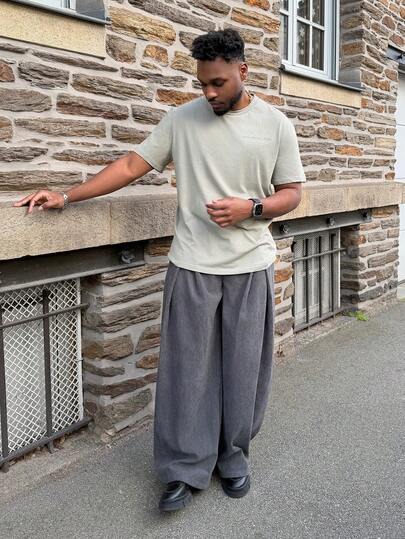 Heavens Edit 男式纯色褶皱腰带环灯芯绒口袋宽松长裤