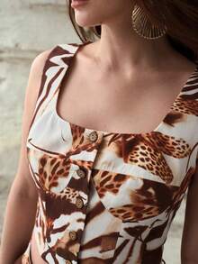 MOTF PREMIUM WOMEN'S LINEN ALL OVER PRINTED WOODEN BUTTON DESIGN TOP, SPRING/SUMMER - Brown - View 3