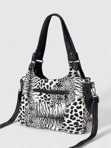 ROMWE Grunge Punk Fashion Leopard Print Hottie Bag Casual Women's Bag Women's Shoulder Bag Retro Tote Bag Commuter Women's Bag Punk Locomotive Women's Bag - Black and White - View 4