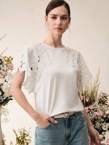 Anewsta 女士白色T恤，袖子设计别致，适合春夏约会穿着 - 白色 - 查看 6