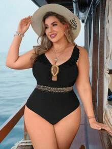 Swim Lushoire Plus Size Women's Solid Black Slim Fit Sequin Ribbon Ruffle Trim Round Neck Hollow Out Fashionable Casual One-Piece Swimsuit - Black - View 4