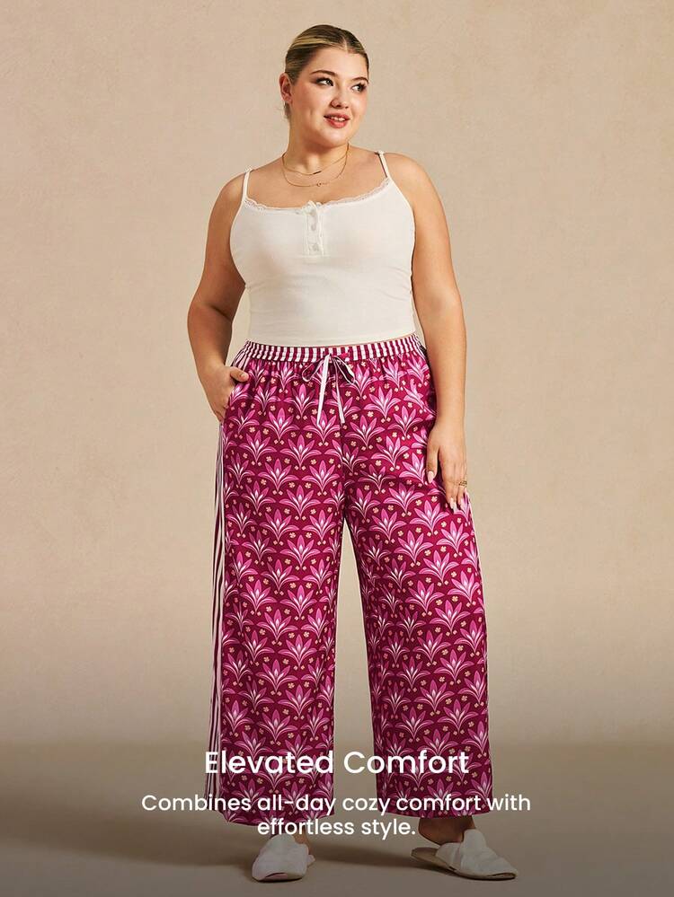 Plus Size Burgundy Floral Wide-Leg Pants