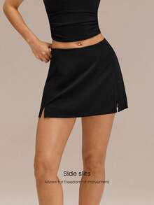 GLOWMODE Court Confidence Tummy Control Side-Split Hem Built-In Shorts Non-Slip Grips A-Line Mini Tennis Skirt Tennis Golf Pickleball Daily Casual Wear - Black - View 5
