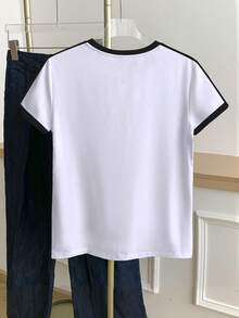 Resyla Kaos Wanita Lengan Pendek Kasual Leher Bulat Motif Garis-Garis Blok Warna - Putih - View 2