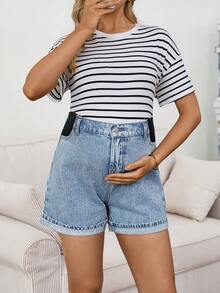 SHEIN Maternity Light Blue Summer Washed High Waist Denim Shorts,Smart Casual Chic Y2k Streetwear For Woman Carnival Costume Vacation Graduation Party - Blue - View 6