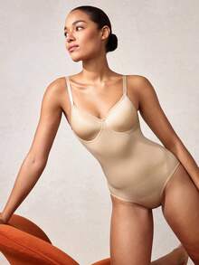 Veilyse 1pc Women Seamless Fixed Cup Camisole Bodysuit With Waist Cincher, Slimming - Apricot - View 1