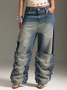 Denimoi Quần jeans ống rộng đáy thụng, có cúc cài, kiểu dáng thời trang, cá tính, phong cách đường phố. - Rửa trung bình - Xem 2