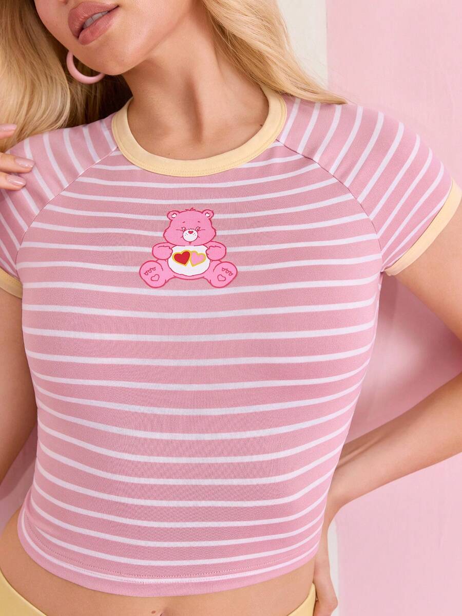 SHEIN X Care Bears 女士卡通印花圆领短袖T恤 - 粉色 - 查看 1
