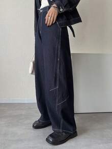 FRIFUL 女士单排扣长袖上衣和阔腿牛仔裤休闲日常牛仔套装 - 藍色 - 查看 7