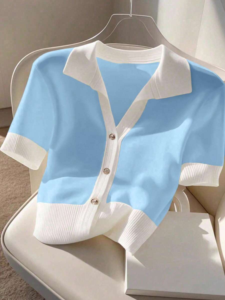 Franclia Áo polo cổ bẻ dệt kim kiểu Hàn Quốc mềm mại, thoải mái, đa năng cho nữ, thích hợp mặc đi làm, mùa hè mới. - Màu xanh nhạt - Xem 1