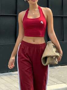 Muchica Women's Red Casual Sleeveless Crop Top And Loose Pants 2 Pieces Set,Summer/Spring Clothes Women,Going Out Outfits,Gym Outfit,Sporty Outfits - Burgundy - View 4