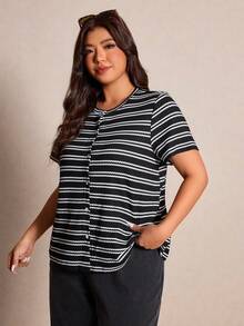 Elaquor 大码女式夏季休闲简约条纹T恤 - 黑與白 - 查看 5