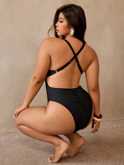 Auralis Áo tắm liền thân màu trơn dành cho nữ cỡ lớn, kiểu dây chéo lưng.