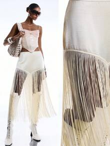 LYSMO 2026 New Arrive Minimalism Spring/Summer Women's Fashionable Tassel Hem Skirt, Summer - Yellow - View 1