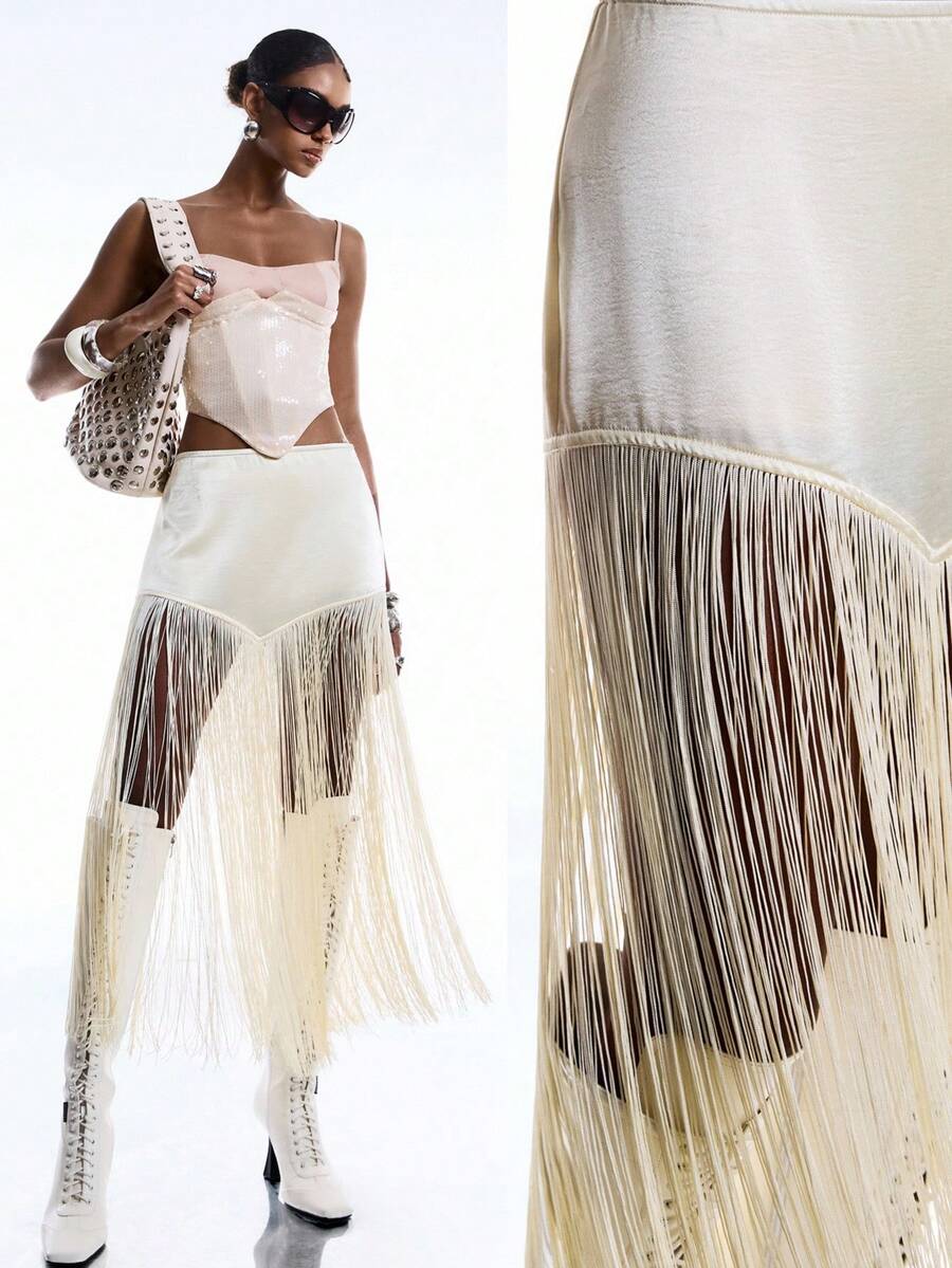 LYSMO 2026 New Arrive Minimalism Spring/Summer Women's Fashionable Tassel Hem Skirt, Summer - Yellow - View 1