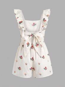 SHEIN Tween Girl Casual Daily Versatile Comfortable Fitted Floral Print Ruffle Back Bow Decor Jumpsuit Tween Girl - Apricot - View 2