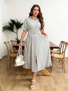 SHEIN LUNE Đầm sơ mi nữ cỡ lớn kẻ sọc tay cánh dơi thiết kế khóa eo kiểu dáng thường ngày - Nhiều màu - Xem 8