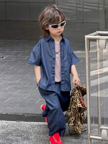 DAZY 男童短袖衬衫和牛仔裤套装 - 藍色 - 查看 4