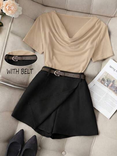 SHEIN Franclia Fashionable New Hooded Short Sleeve Sexy Tank Top + Stylish Asymmetric Solid Color Decorative Belt Skorts High Waist Slim Fit Bodycon Skirt 2-Piece Set For Women, Spring/Summer