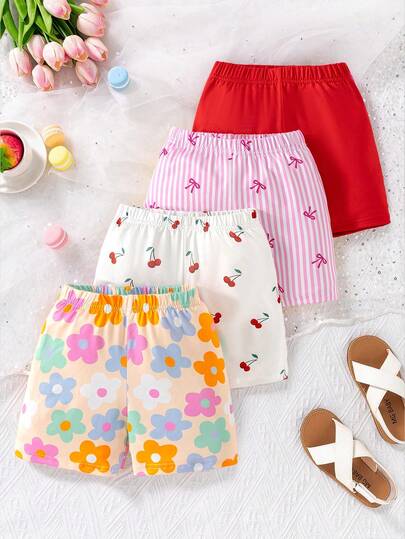 4件套女童休闲舒适甜美可爱碎花、樱桃、蝴蝶结条纹四色印花短裤，适合上学、度假、日常穿着、夏季穿搭