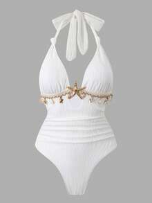 Swim Oasis Women White Summer Elegant Holiday Pool Party One-Piece Swimsuit & Skirt Set,Halter V-Neck Shell Starfish Tassel Buckle Textured Bathing Suit Outfit - White - View 7