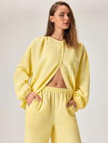 CasuGlow Butter Yellow Shirt & Wide-Leg Pants Set – Long Sleeve Button-Up Top, High-Waist Flowy Pants - Yellow - View 5