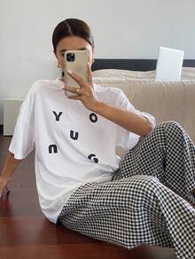 DAZY Minimalist Letter Printed White Top And Plaid Sleep Pants Lounge Set Pajama - White - View 3