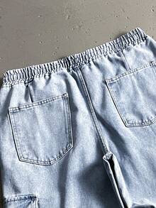 Manfinity Hypemode 宽松男士明线缝制抽绳腰带工装牛仔裤 - 淺色水洗藍 - 查看 3